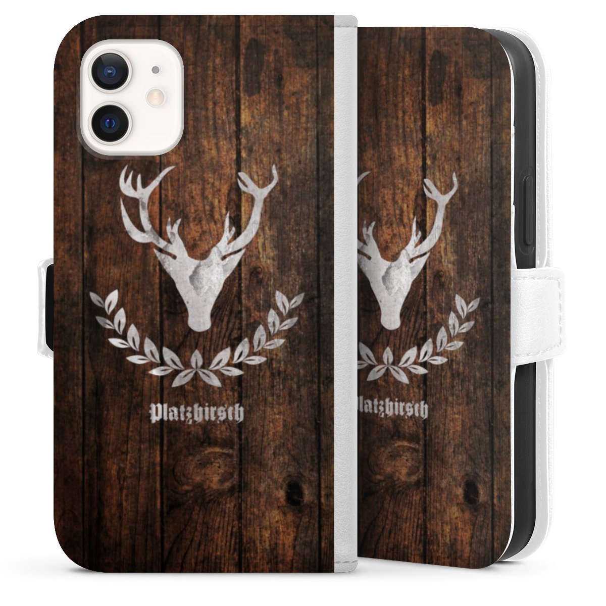 iPhone 12 mini Handy Klapphülle Handyhülle aus Kunst Leder weiß Flip Case Deer Wood Wooden Look Sideflip mit Lasche