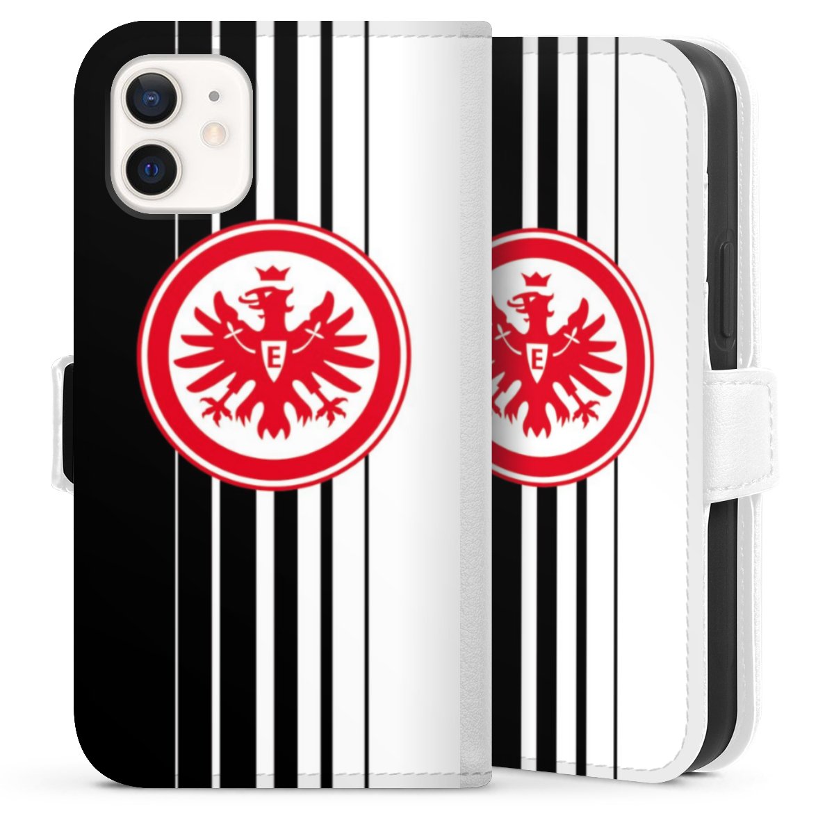 iPhone 12 mini Handy Klapphülle Handyhülle aus Kunst Leder weiß Flip Case Stripes Eintracht Frankfurt Official Licensed Product Sideflip mit Lasche