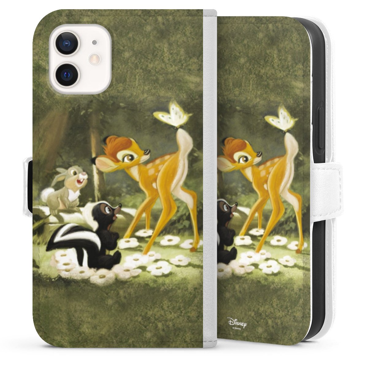 iPhone 12 mini Handy Klapphülle Handyhülle aus Kunst Leder weiß Flip Case Disney Official Licensed Product Bambi Sideflip mit Lasche