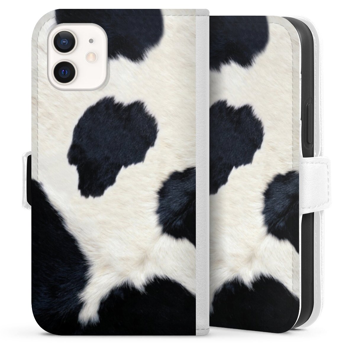 iPhone 12 mini Handy Klapphülle Handyhülle aus Kunst Leder weiß Flip Case Animal Look Animal Print Cow Skin Sideflip mit Lasche