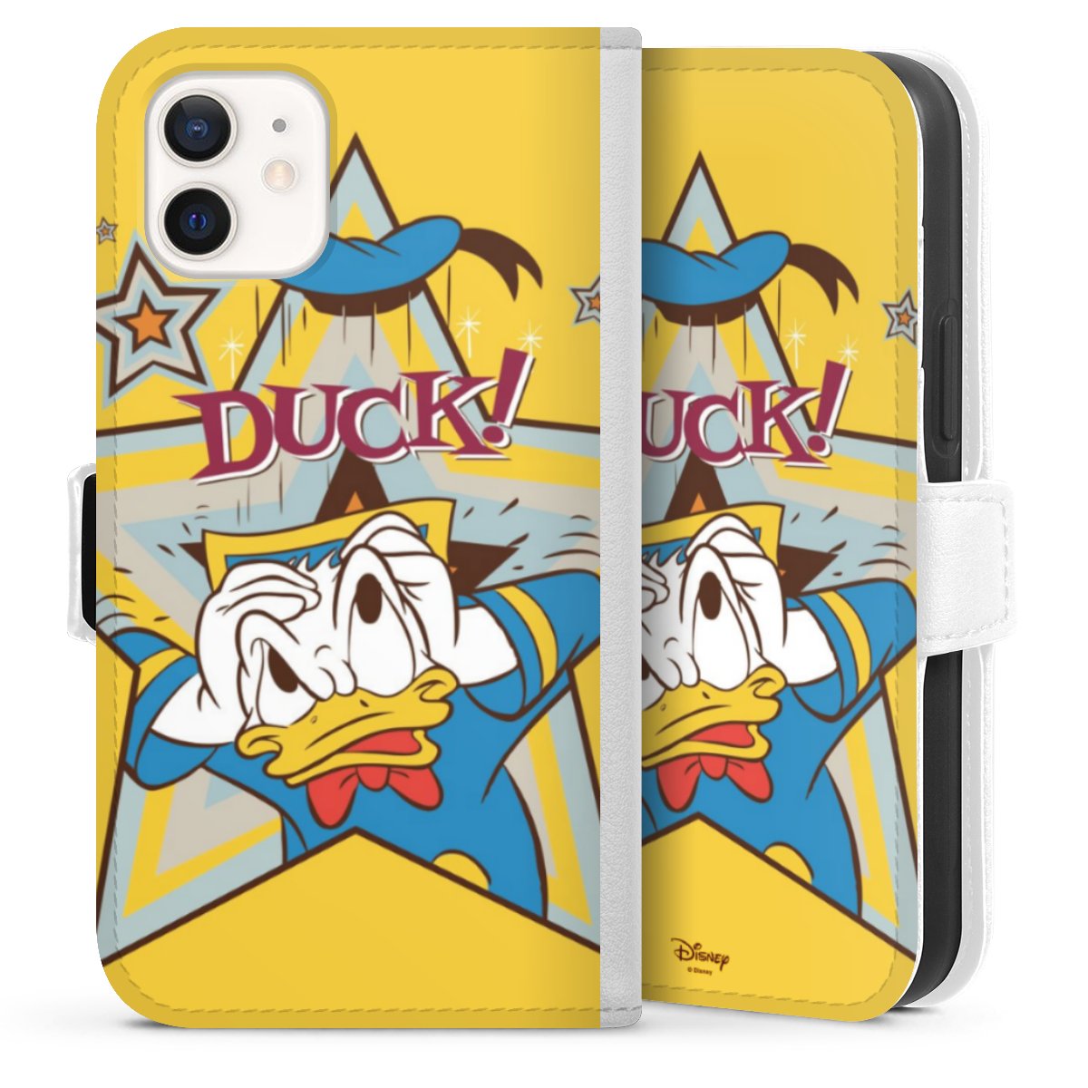 iPhone 12 mini Handy Klapphülle Handyhülle aus Kunst Leder weiß Flip Case Official Licensed Product Donald Duck Disney Sideflip mit Lasche