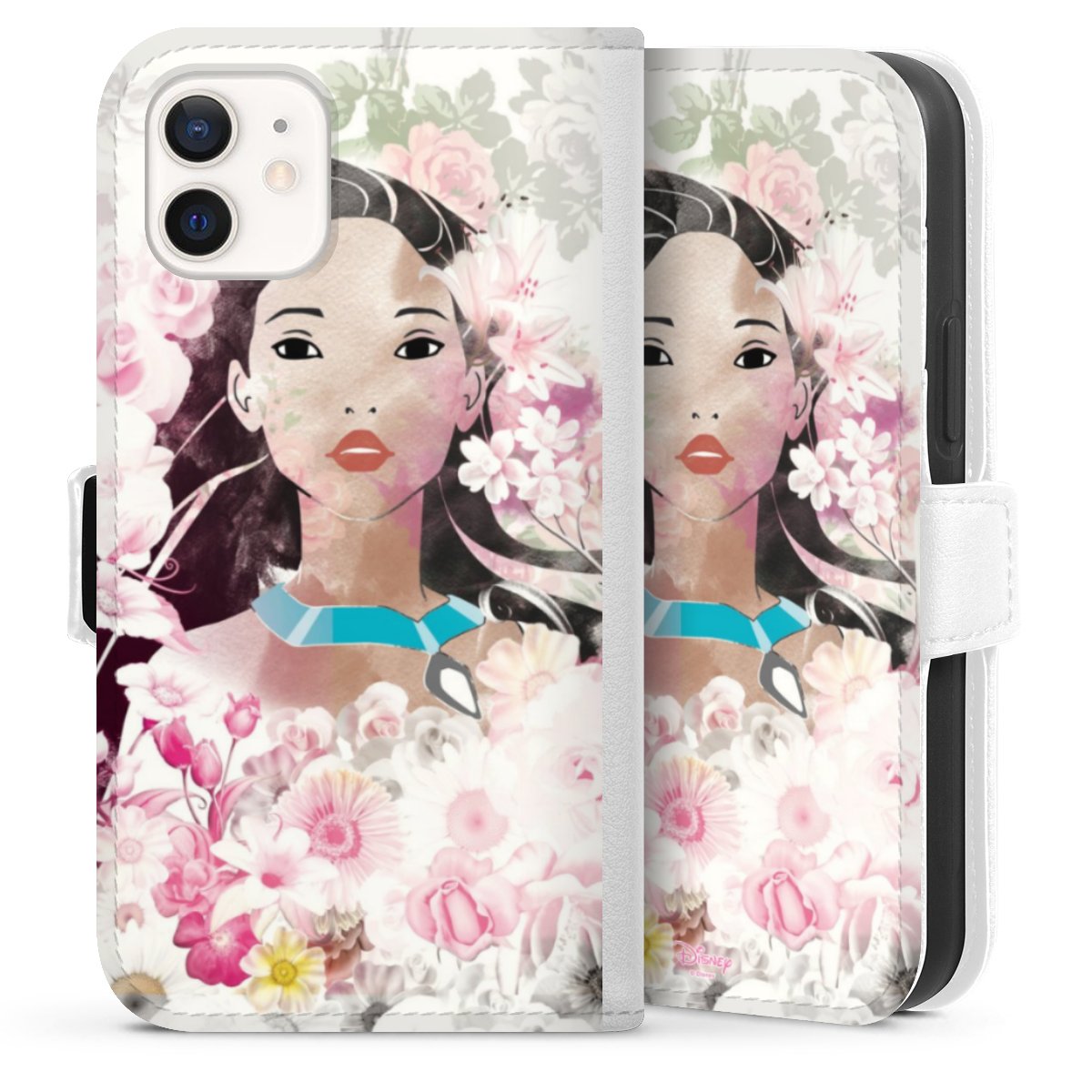 iPhone 12 mini Handy Klapphülle Handyhülle aus Kunst Leder weiß Flip Case Pocahontas Official Licensed Product Disney Sideflip mit Lasche