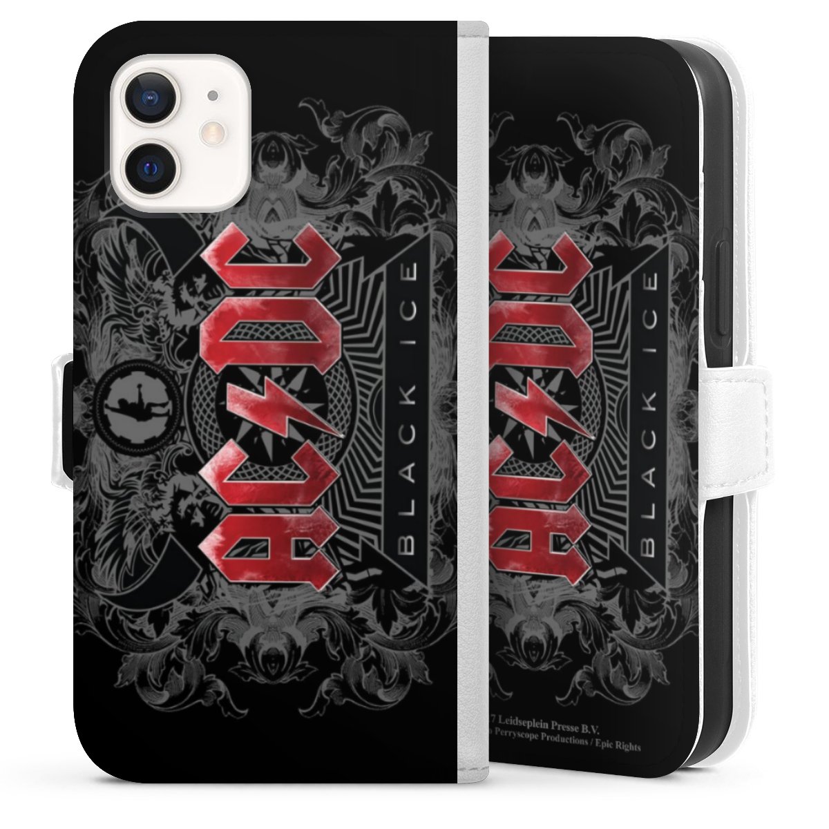 iPhone 12 mini Handy Klapphülle Handyhülle aus Kunst Leder weiß Flip Case Merchandise Black Ice Acdc Sideflip mit Lasche