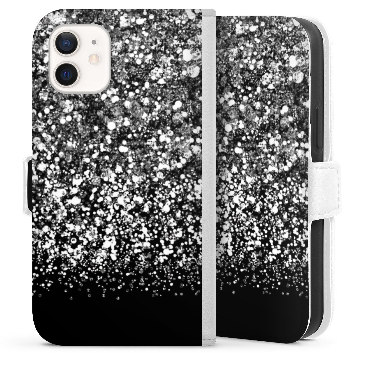 iPhone 12 mini Handy Klapphülle Handyhülle aus Kunst Leder weiß Flip Case Glitzer Snowflake Muster Sideflip mit Lasche