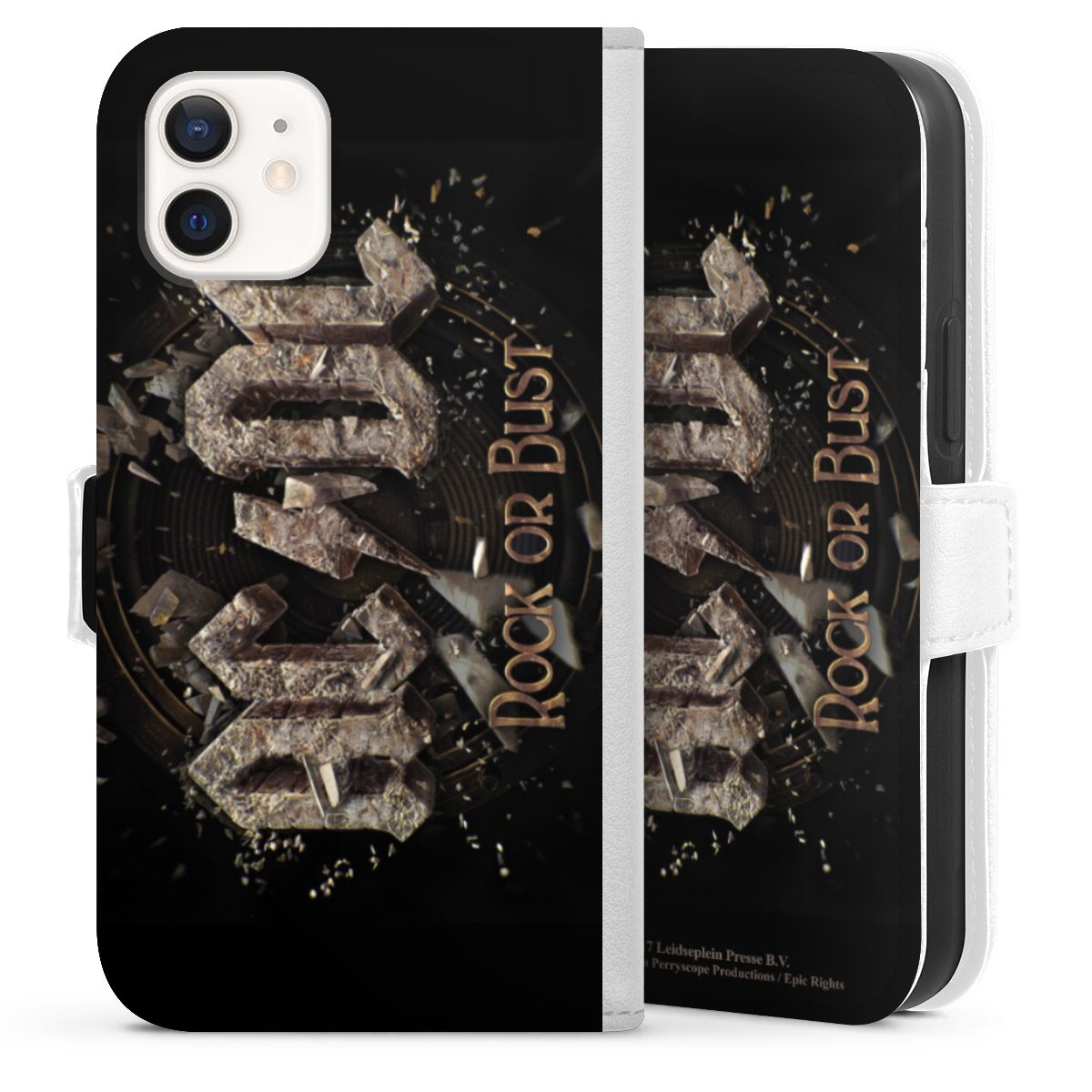 iPhone 12 mini Handy Klapphülle Handyhülle aus Kunst Leder weiß Flip Case Acdc Official Licensed Product Rock Or Bust Sideflip mit Lasche