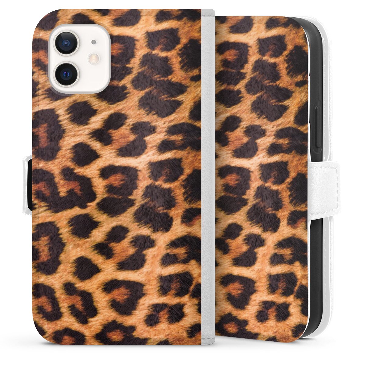 iPhone 12 mini Handy Klapphülle Handyhülle aus Kunst Leder weiß Flip Case Animal Print Leopard Fur Sideflip mit Lasche