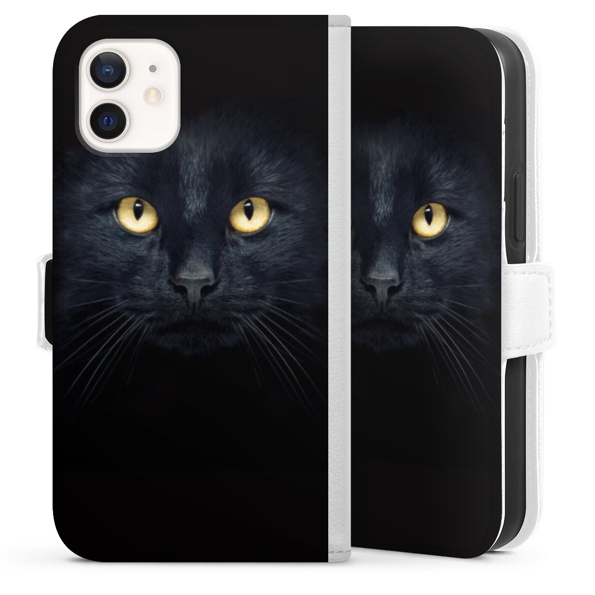 iPhone 12 mini Handy Klapphülle Handyhülle aus Kunst Leder weiß Flip Case Eye Cat Black Sideflip mit Lasche