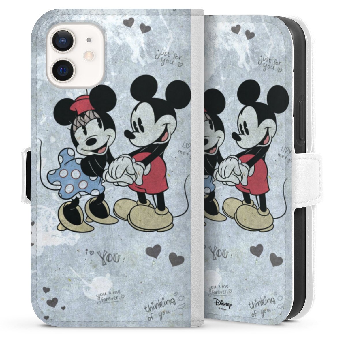 iPhone 12 mini Handy Klapphülle Handyhülle aus Kunst Leder weiß Flip Case Mickey & Minnie Mouse Vintage Disney Sideflip mit Lasche