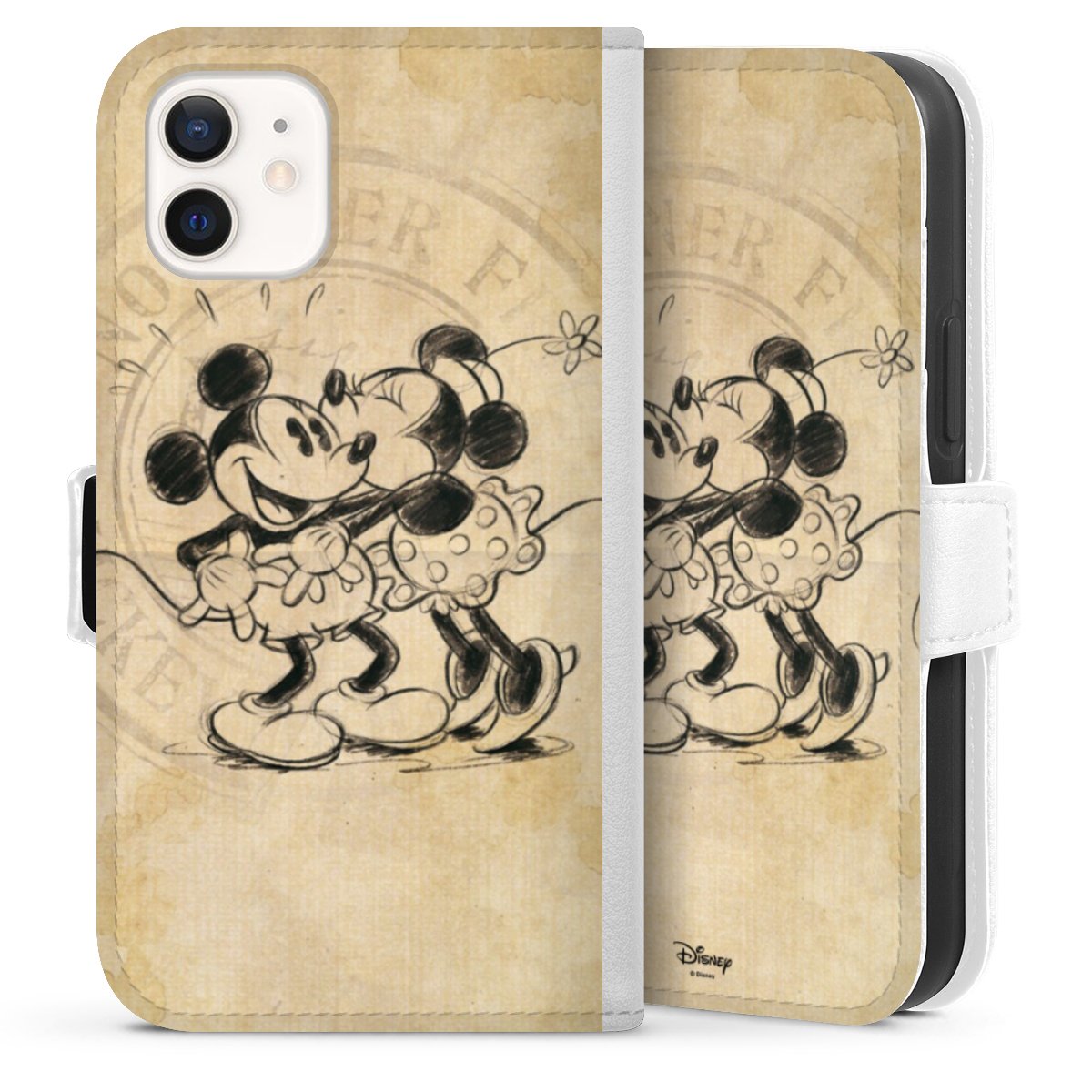 iPhone 12 mini Handy Klapphülle Handyhülle aus Kunst Leder weiß Flip Case Mickey Mouse Vintage Minnie Mouse Sideflip mit Lasche