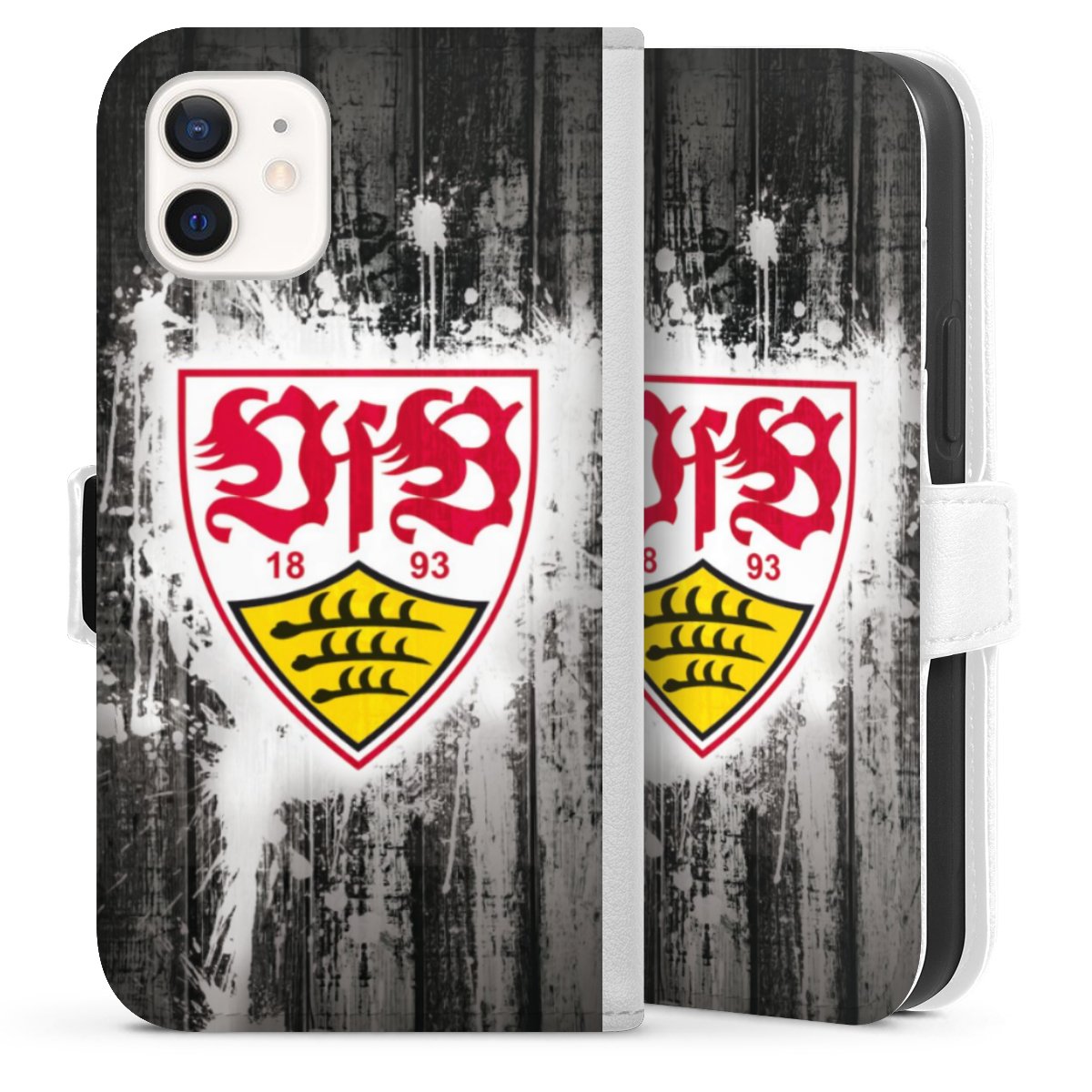 iPhone 12 mini Handy Klapphülle Handyhülle aus Kunst Leder weiß Flip Case Vfb Stuttgart Official Licensed Product Sideflip mit Lasche