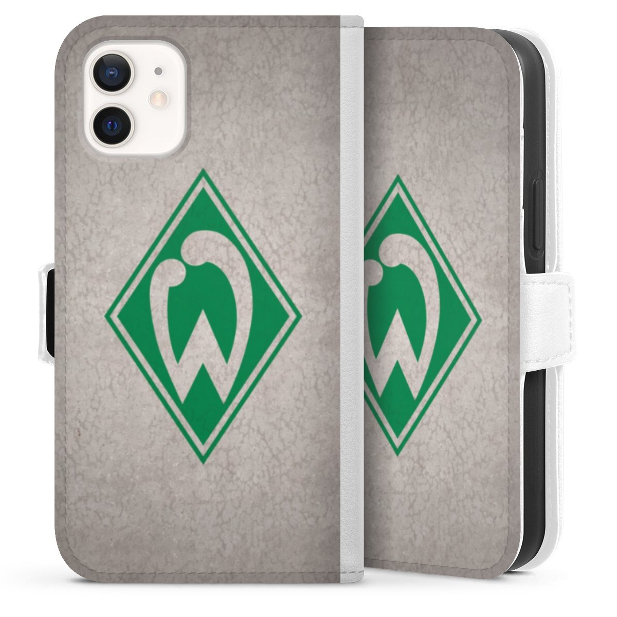 iPhone 12 mini Handy Klapphülle Handyhülle aus Kunst Leder weiß Flip Case Sv Werder Bremen Concrete Official Licensed Product Sideflip mit Lasche