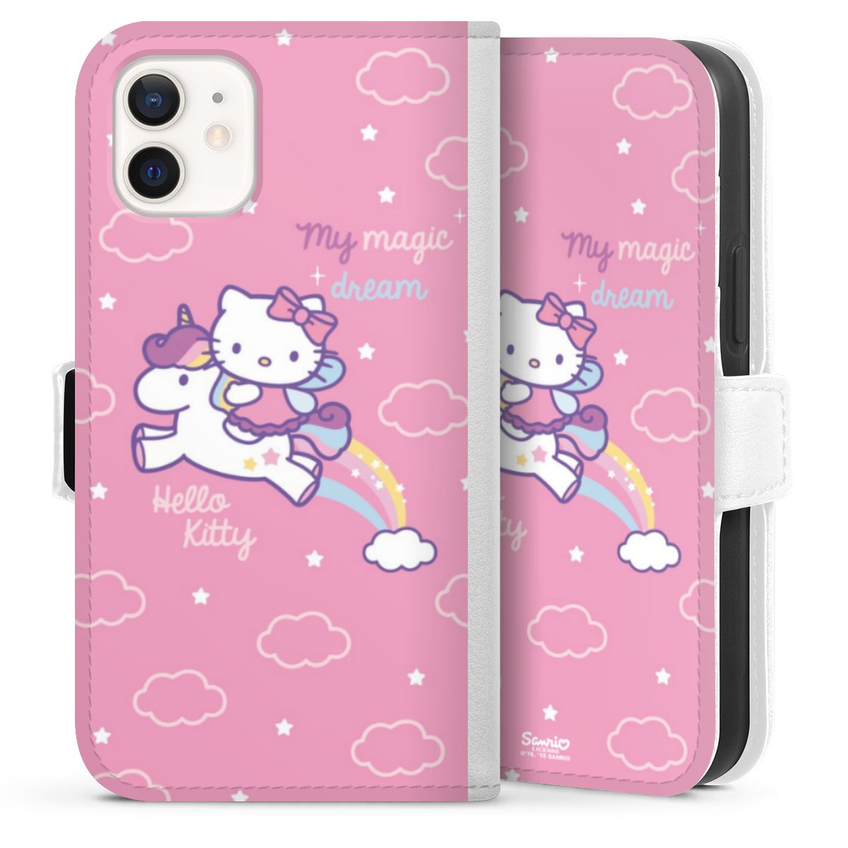 iPhone 12 mini Handy Klapphülle Handyhülle aus Kunst Leder weiß Flip Case Einhorn Official Licensed Product Hello Kitty Sideflip mit Lasche