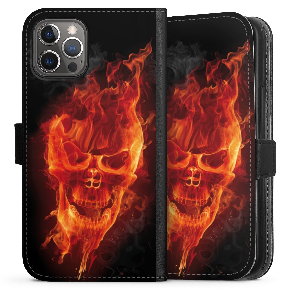 iPhone 12 Pro Handy Klapphülle Handyhülle aus Kunst Leder schwarz Flip Case Totenkopf Skull Fire Sideflip mit Lasche