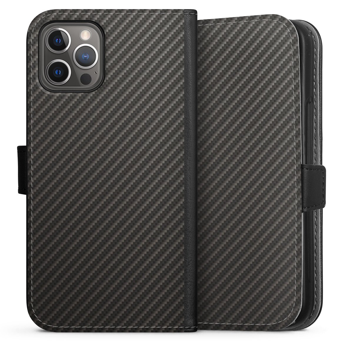 iPhone 12 Pro Handy Klapphülle Handyhülle aus Kunst Leder schwarz Flip Case Metallic Look Carbon Muster Sideflip mit Lasche