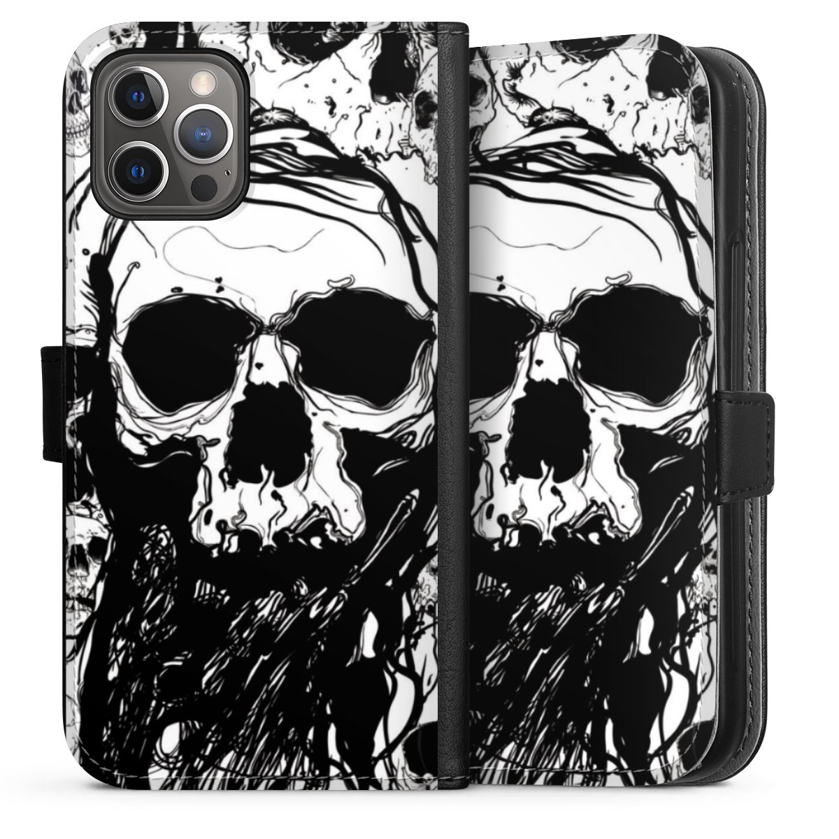 iPhone 12 Pro Handy Klapphülle Handyhülle aus Kunst Leder schwarz Flip Case Totenkopf Halloween Sideflip mit Lasche