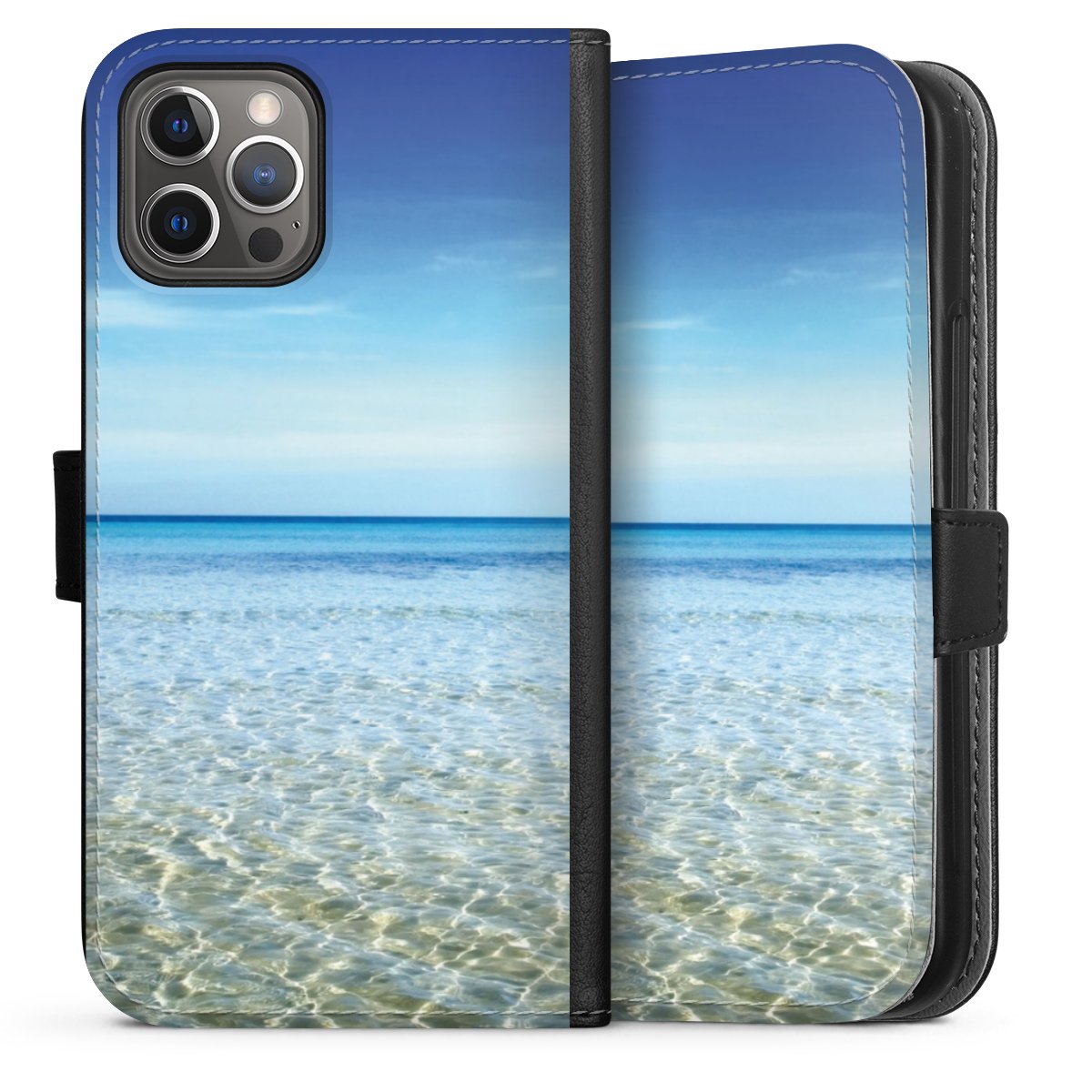 iPhone 12 Pro Handy Klapphülle Handyhülle aus Kunst Leder schwarz Flip Case Urlaub Sky Ocean Sideflip mit Lasche