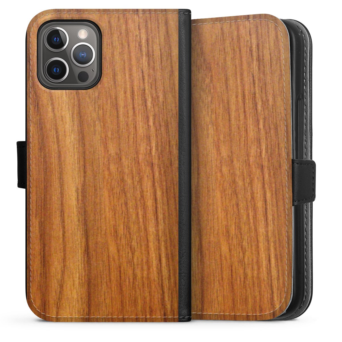 iPhone 12 Pro Handy Klapphülle Handyhülle aus Kunst Leder schwarz Flip Case Wood Larch Wooden Look Sideflip mit Lasche