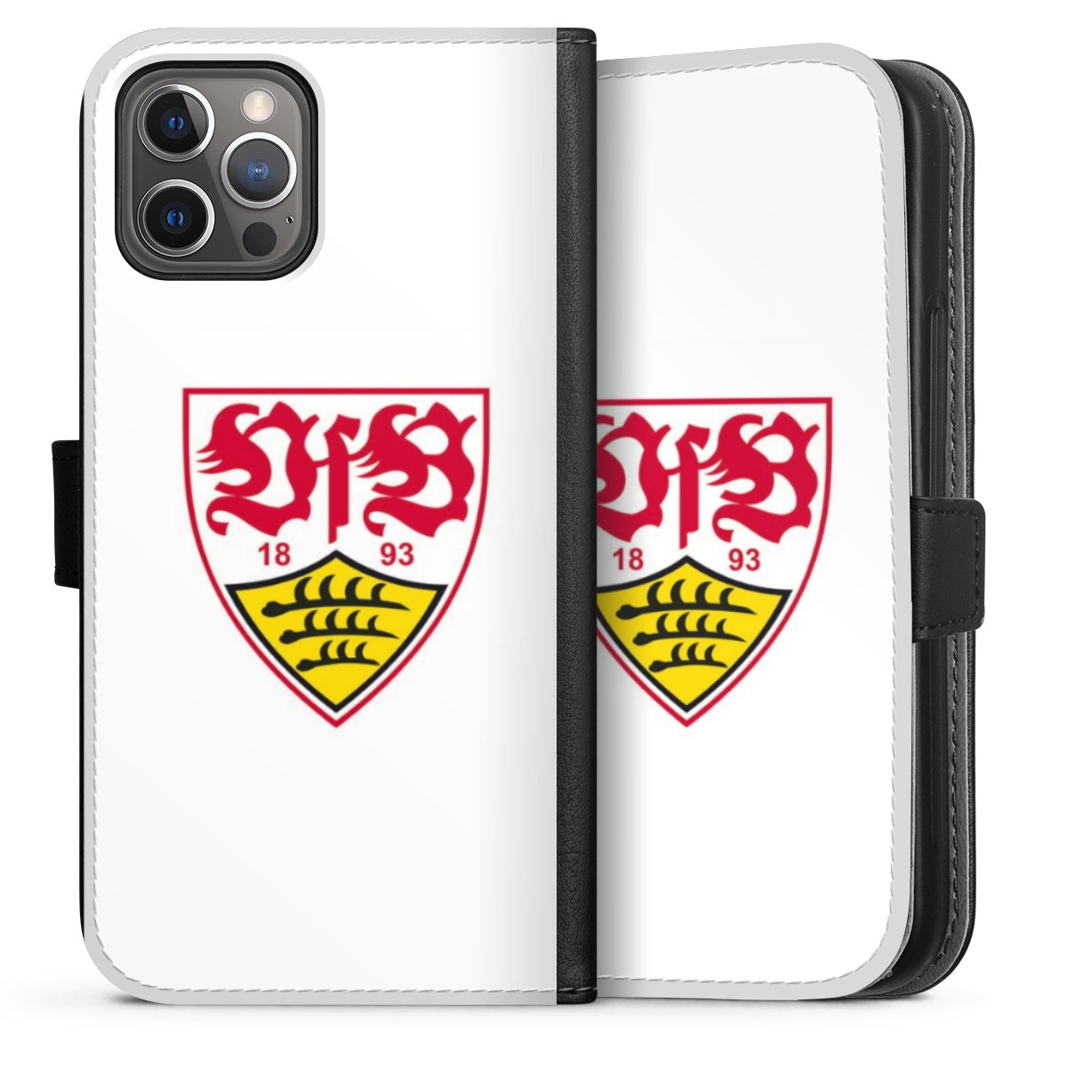 iPhone 12 Pro Handy Klapphülle Handyhülle aus Kunst Leder schwarz Flip Case Logo Official Licensed Product Vfb Stuttgart Sideflip mit Lasche