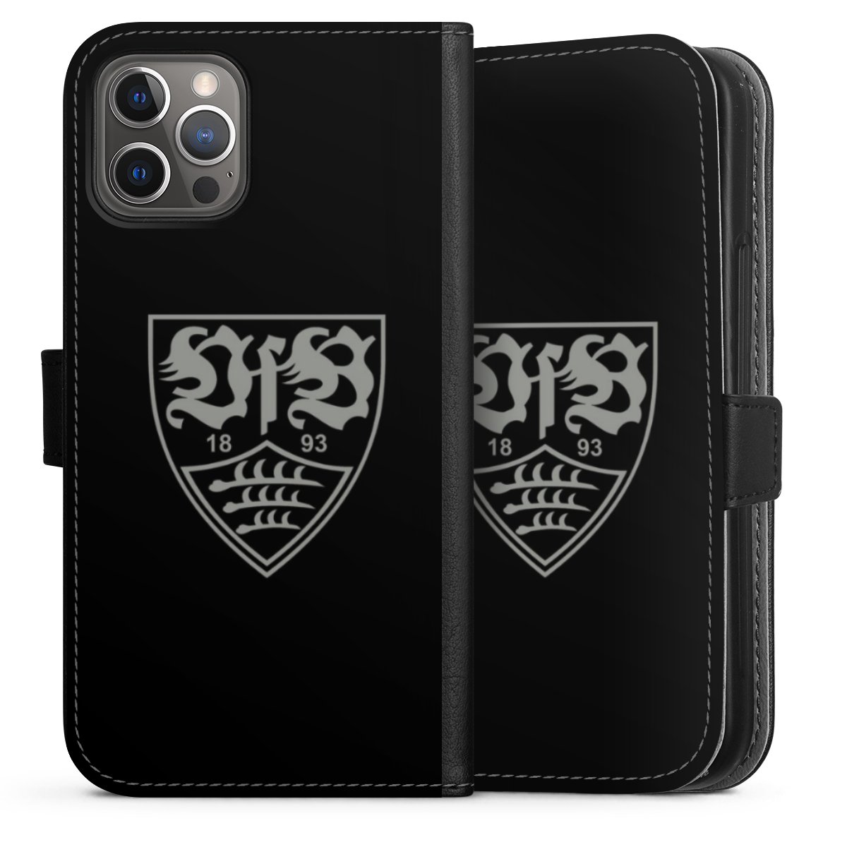 iPhone 12 Pro Handy Klapphülle Handyhülle aus Kunst Leder schwarz Flip Case Official Licensed Product Vfb Stuttgart Sideflip mit Lasche