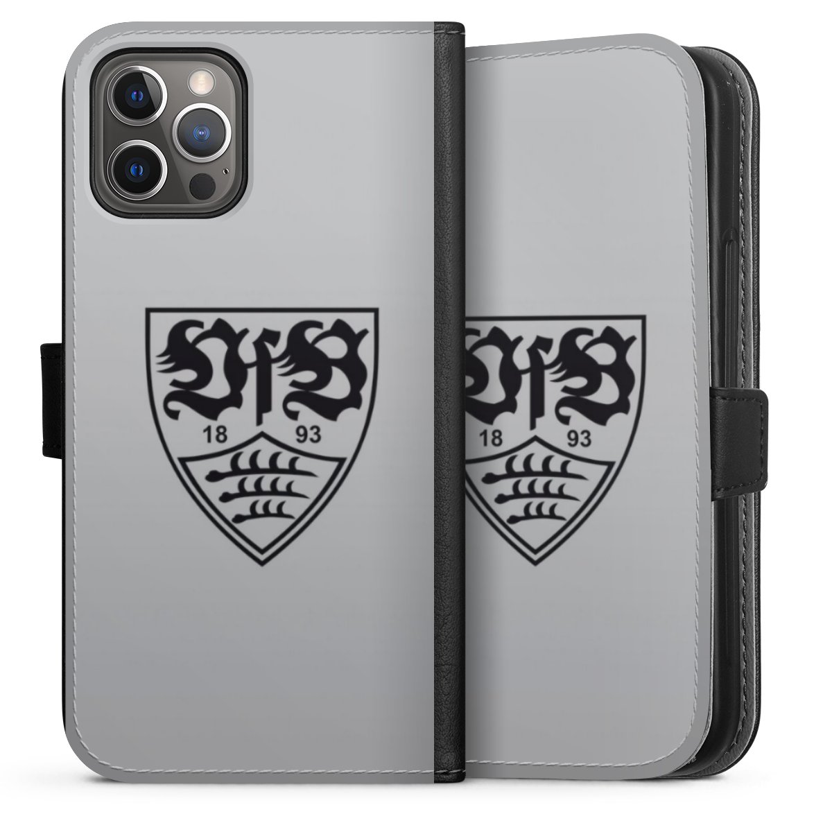 iPhone 12 Pro Handy Klapphülle Handyhülle aus Kunst Leder schwarz Flip Case Logo Vfb Stuttgart Official Licensed Product Sideflip mit Lasche