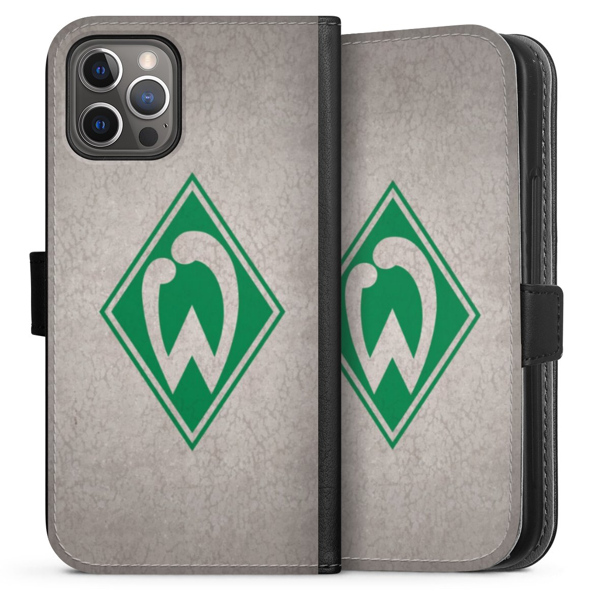 iPhone 12 Pro Handy Klapphülle Handyhülle aus Kunst Leder schwarz Flip Case Sv Werder Bremen Concrete Official Licensed Product Sideflip mit Lasche