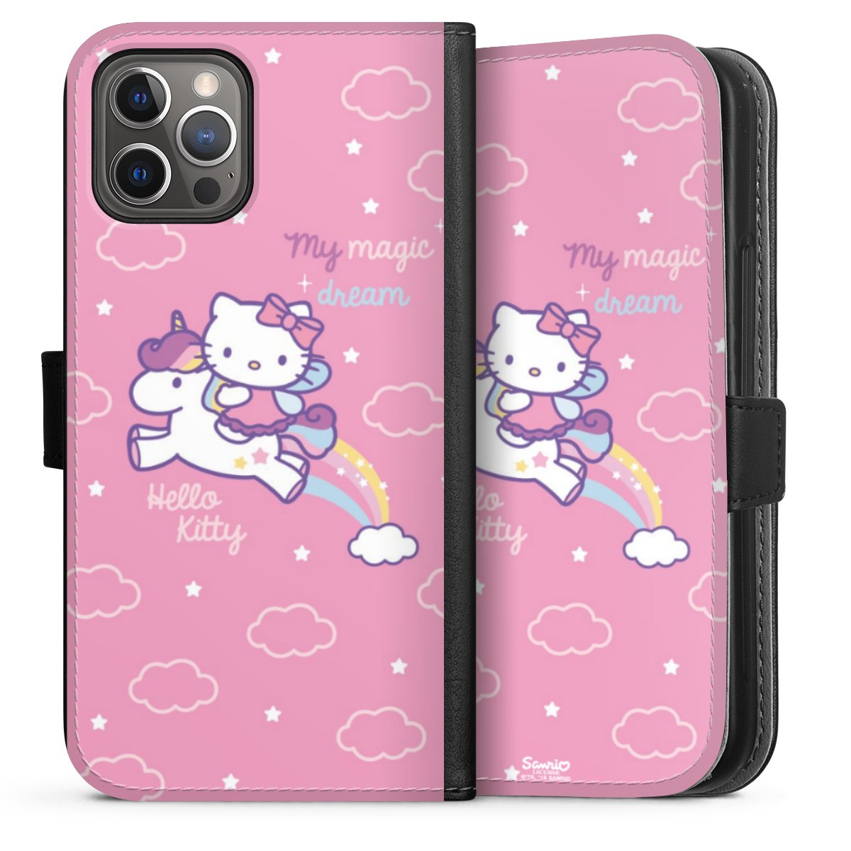 iPhone 12 Pro Handy Klapphülle Handyhülle aus Kunst Leder schwarz Flip Case Einhorn Official Licensed Product Hello Kitty Sideflip mit Lasche