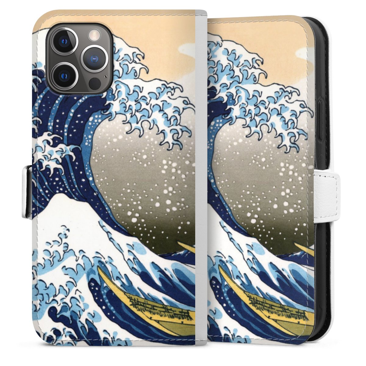 iPhone 12 Pro Handy Klapphülle Handyhülle aus Kunst Leder weiß Flip Case Katsushika Hokusai Die Große Welle Vor Kanagawa Kunst Sideflip mit Lasche