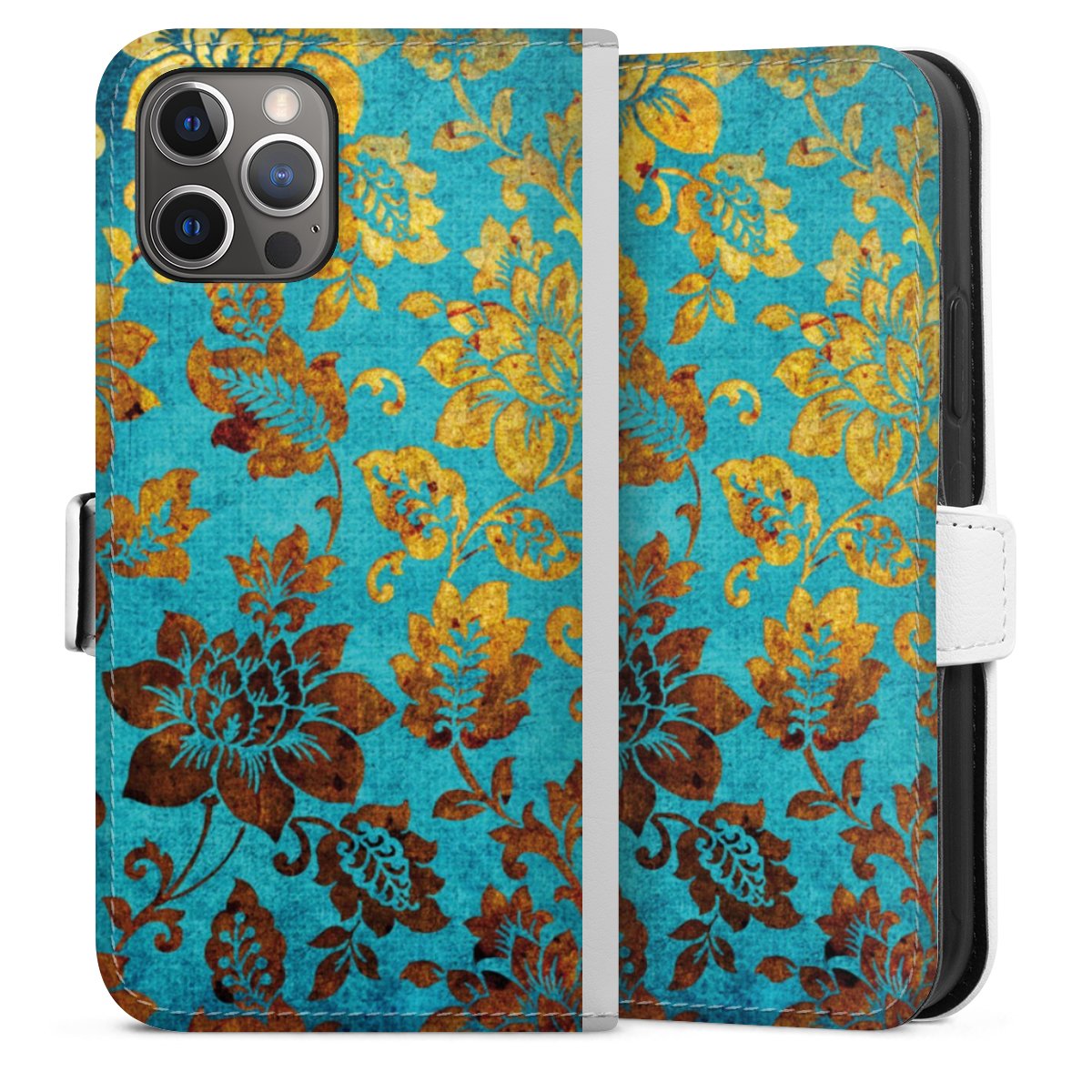 iPhone 12 Pro Handy Klapphülle Handyhülle aus Kunst Leder weiß Flip Case Vintage Ornament Flowers Sideflip mit Lasche