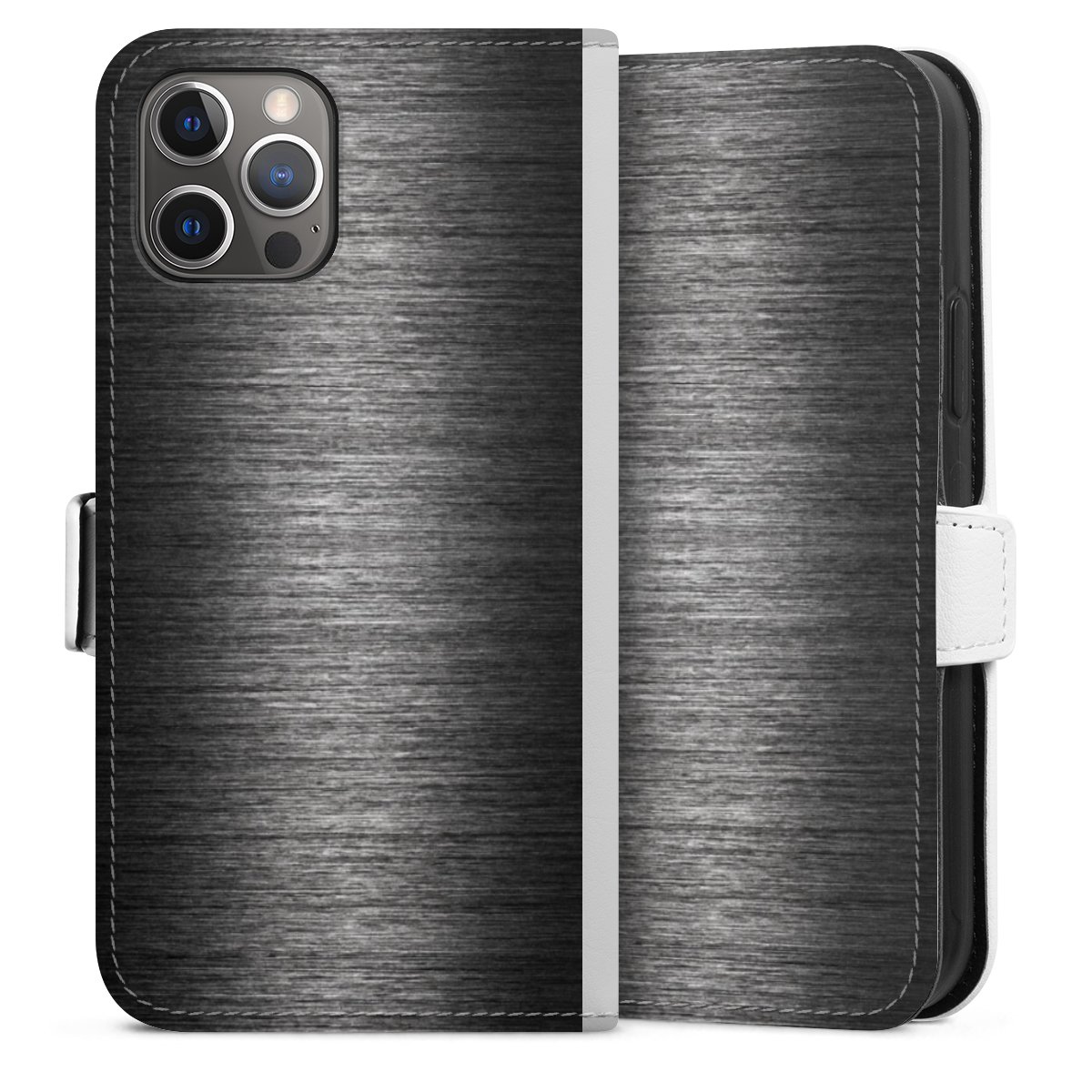 iPhone 12 Pro Handy Klapphülle Handyhülle aus Kunst Leder weiß Flip Case Metal Metallic Look Anthracite Sideflip mit Lasche