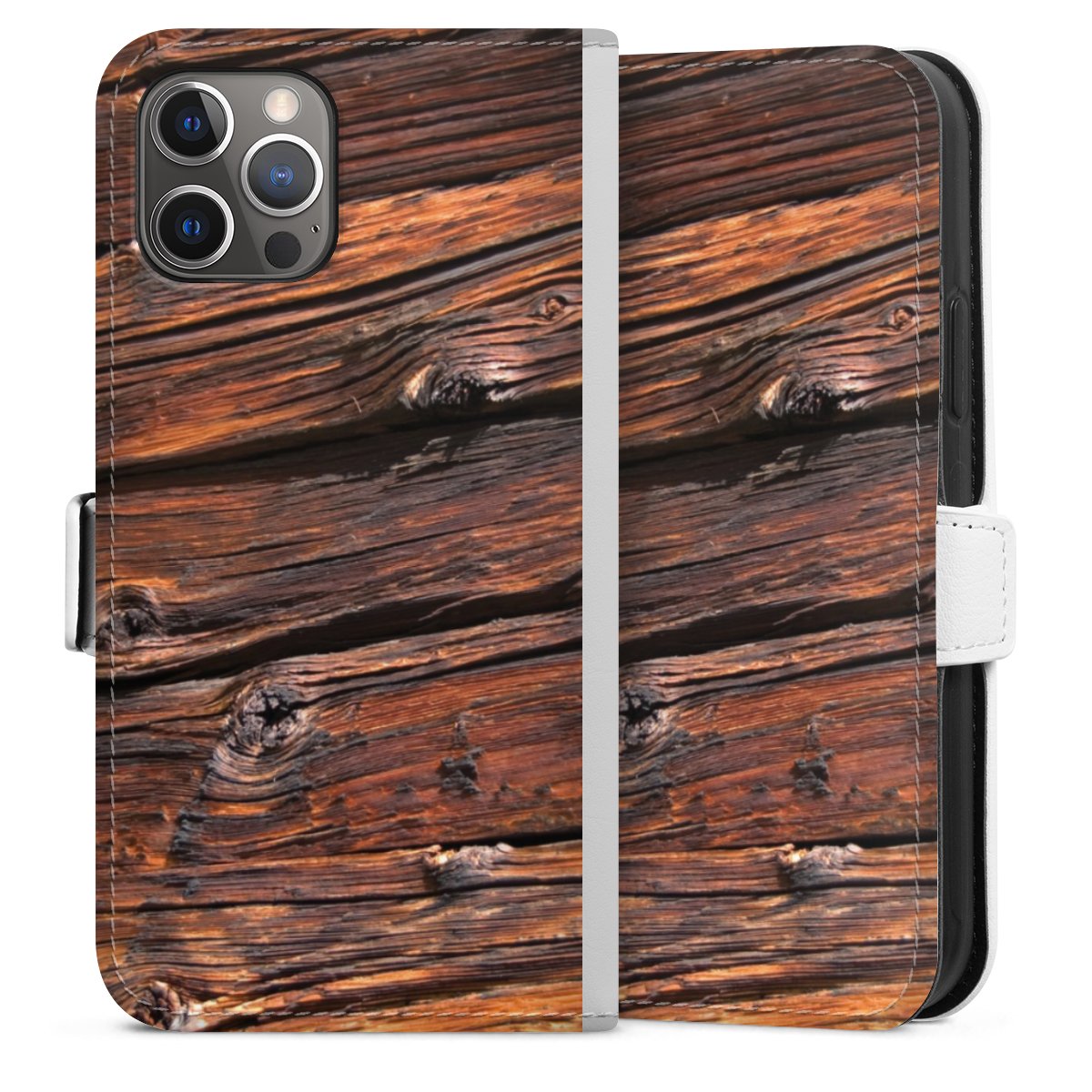 iPhone 12 Pro Handy Klapphülle Handyhülle aus Kunst Leder weiß Flip Case Beams Wooden Look Wood Sideflip mit Lasche