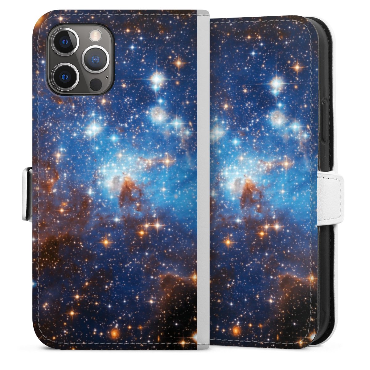 iPhone 12 Pro Handy Klapphülle Handyhülle aus Kunst Leder weiß Flip Case Weltall Star Galaxy Sideflip mit Lasche