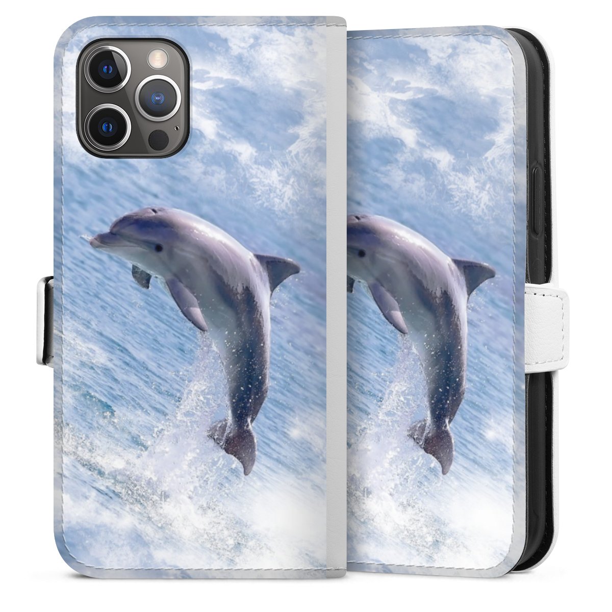 iPhone 12 Pro Handy Klapphülle Handyhülle aus Kunst Leder weiß Flip Case Dolphin Ocean Wale Sideflip mit Lasche