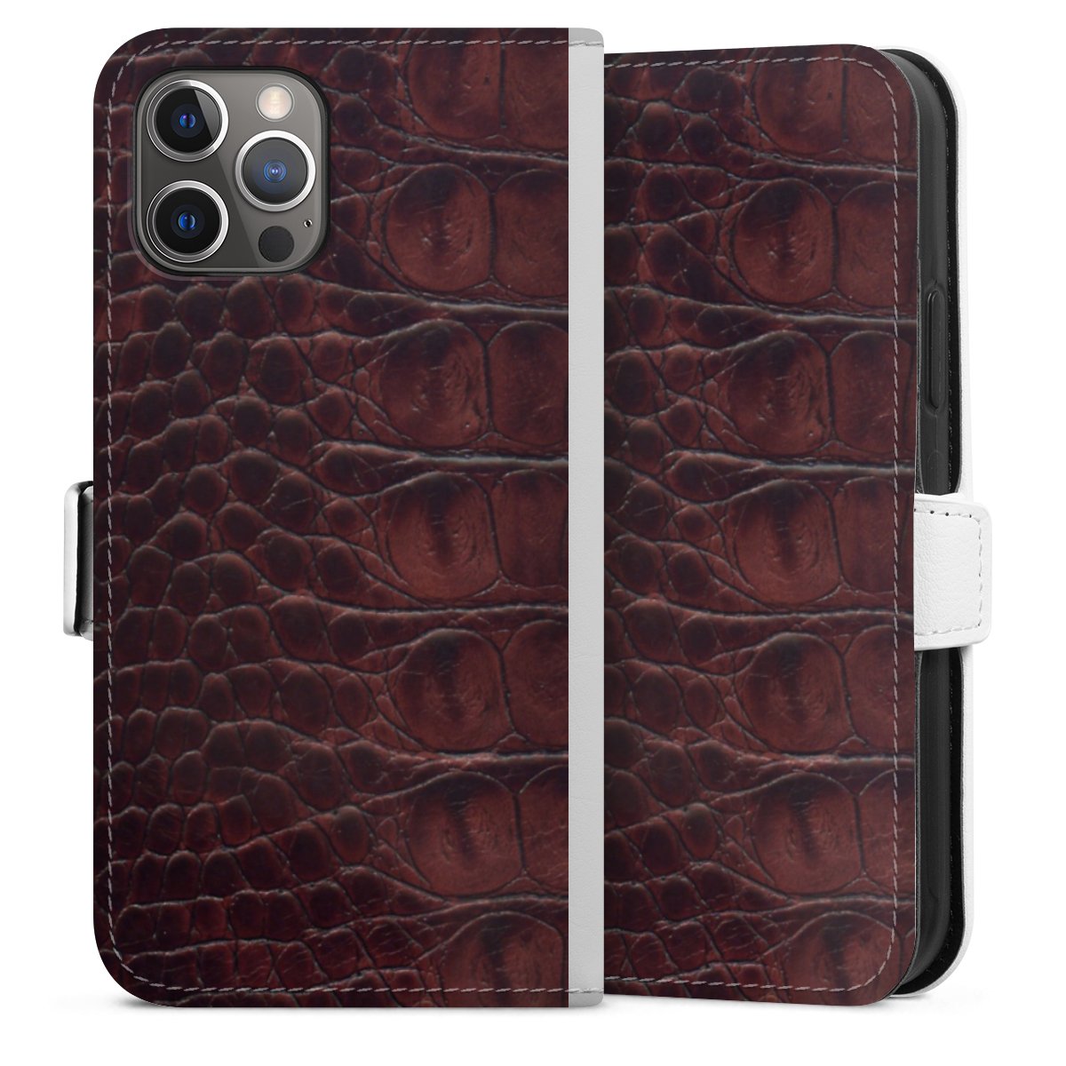 iPhone 12 Pro Handy Klapphülle Handyhülle aus Kunst Leder weiß Flip Case Leather Animal Print Crocodile Sideflip mit Lasche