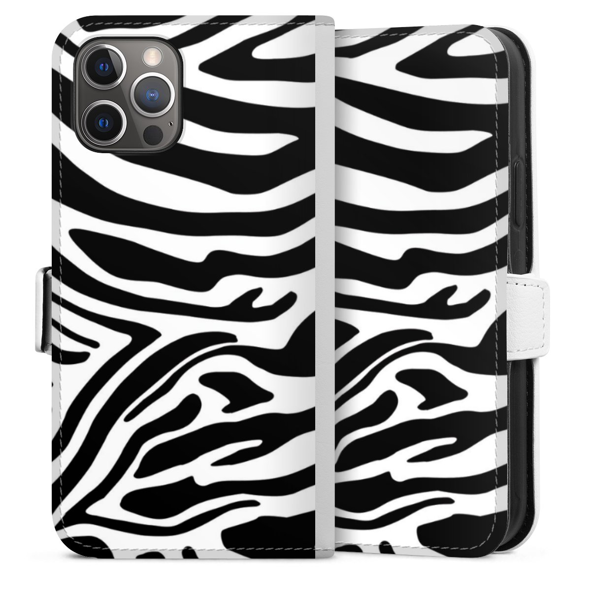 iPhone 12 Pro Handy Klapphülle Handyhülle aus Kunst Leder weiß Flip Case Animal Look Zebra Animal Print Sideflip mit Lasche