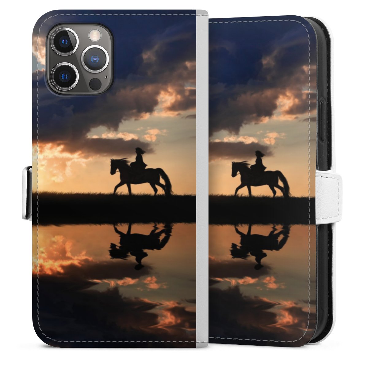 iPhone 12 Pro Handy Klapphülle Handyhülle aus Kunst Leder weiß Flip Case Sunset Horseback Riding Horse Sideflip mit Lasche