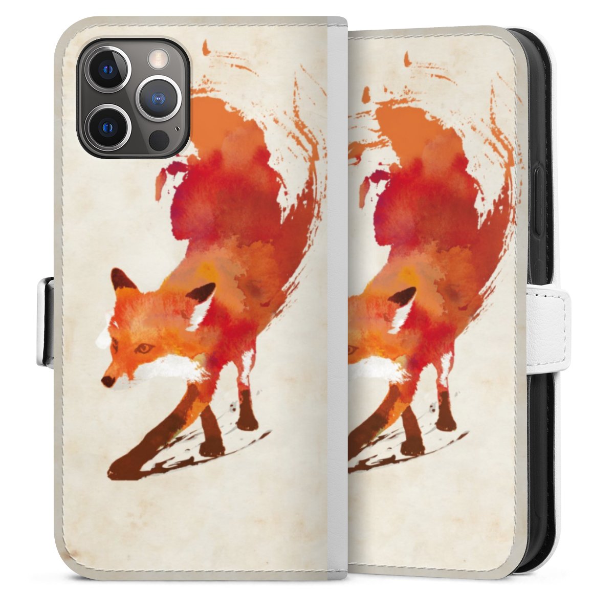 iPhone 12 Pro Handy Klapphülle Handyhülle aus Kunst Leder weiß Flip Case Graphic Fox Sideflip mit Lasche