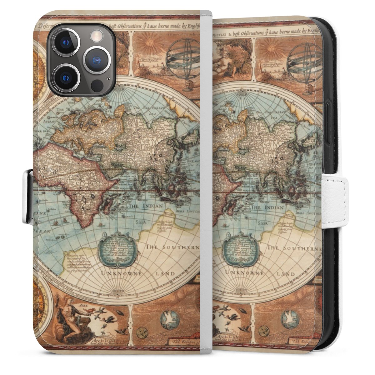 iPhone 12 Pro Handy Klapphülle Handyhülle aus Kunst Leder weiß Flip Case Map Vintage World Map Sideflip mit Lasche