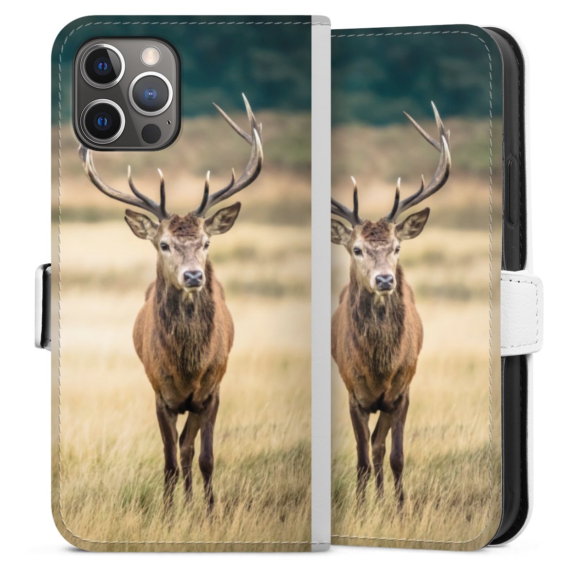 iPhone 12 Pro Handy Klapphülle Handyhülle aus Kunst Leder weiß Flip Case Deer Forrest Meadow Sideflip mit Lasche