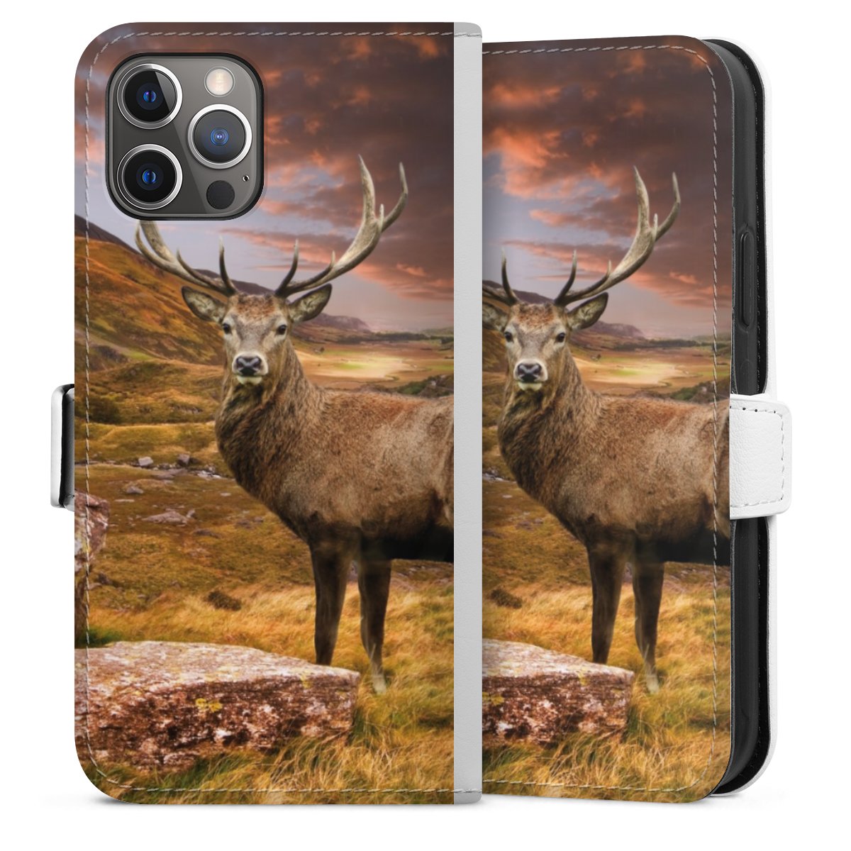 iPhone 12 Pro Handy Klapphülle Handyhülle aus Kunst Leder weiß Flip Case Meadow Deer Mountain Sideflip mit Lasche