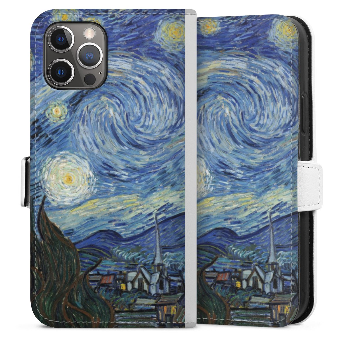 iPhone 12 Pro Handy Klapphülle Handyhülle aus Kunst Leder weiß Flip Case Vincent Van Gogh The Starry Night Kunst Sideflip mit Lasche