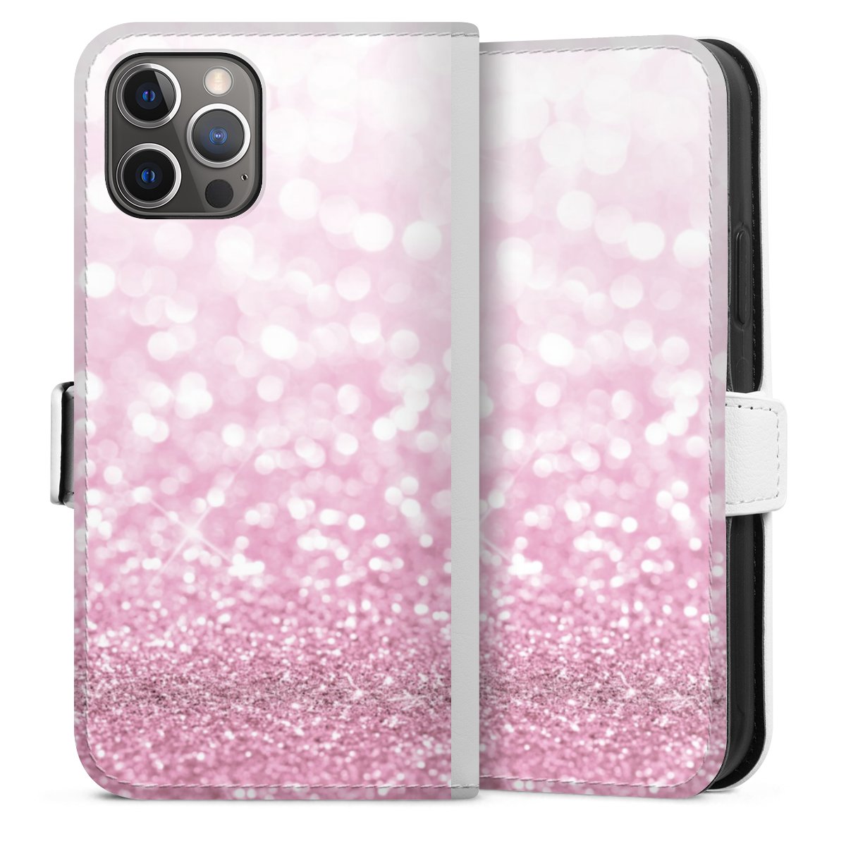 iPhone 12 Pro Handy Klapphülle Handyhülle aus Kunst Leder weiß Flip Case Glitzer Pink Shine Sideflip mit Lasche