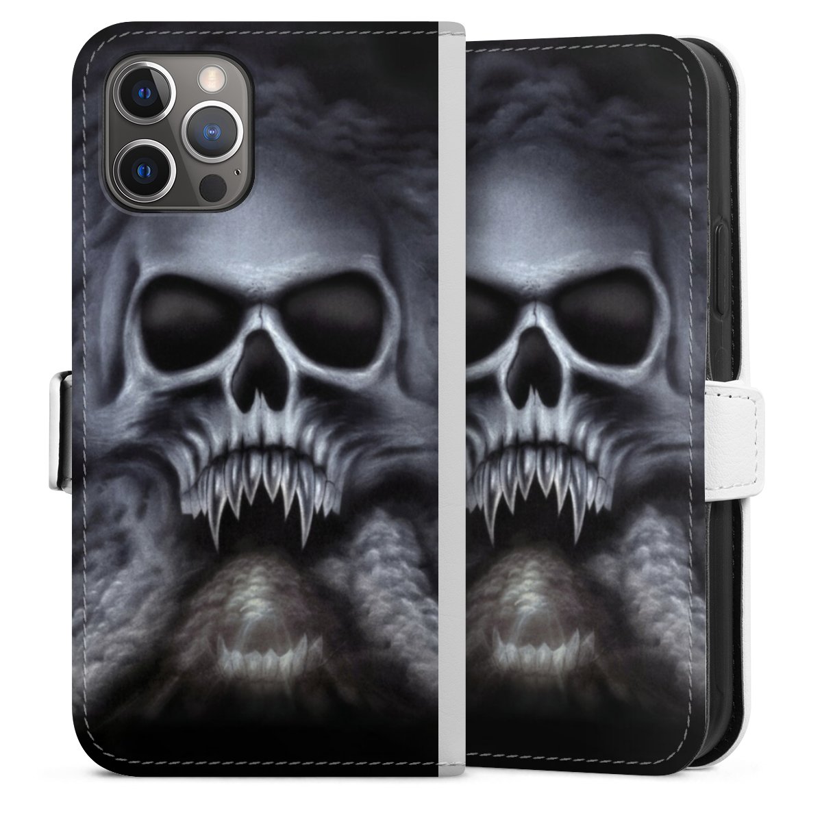 iPhone 12 Pro Handy Klapphülle Handyhülle aus Kunst Leder weiß Flip Case Totenkopf Skull Sideflip mit Lasche