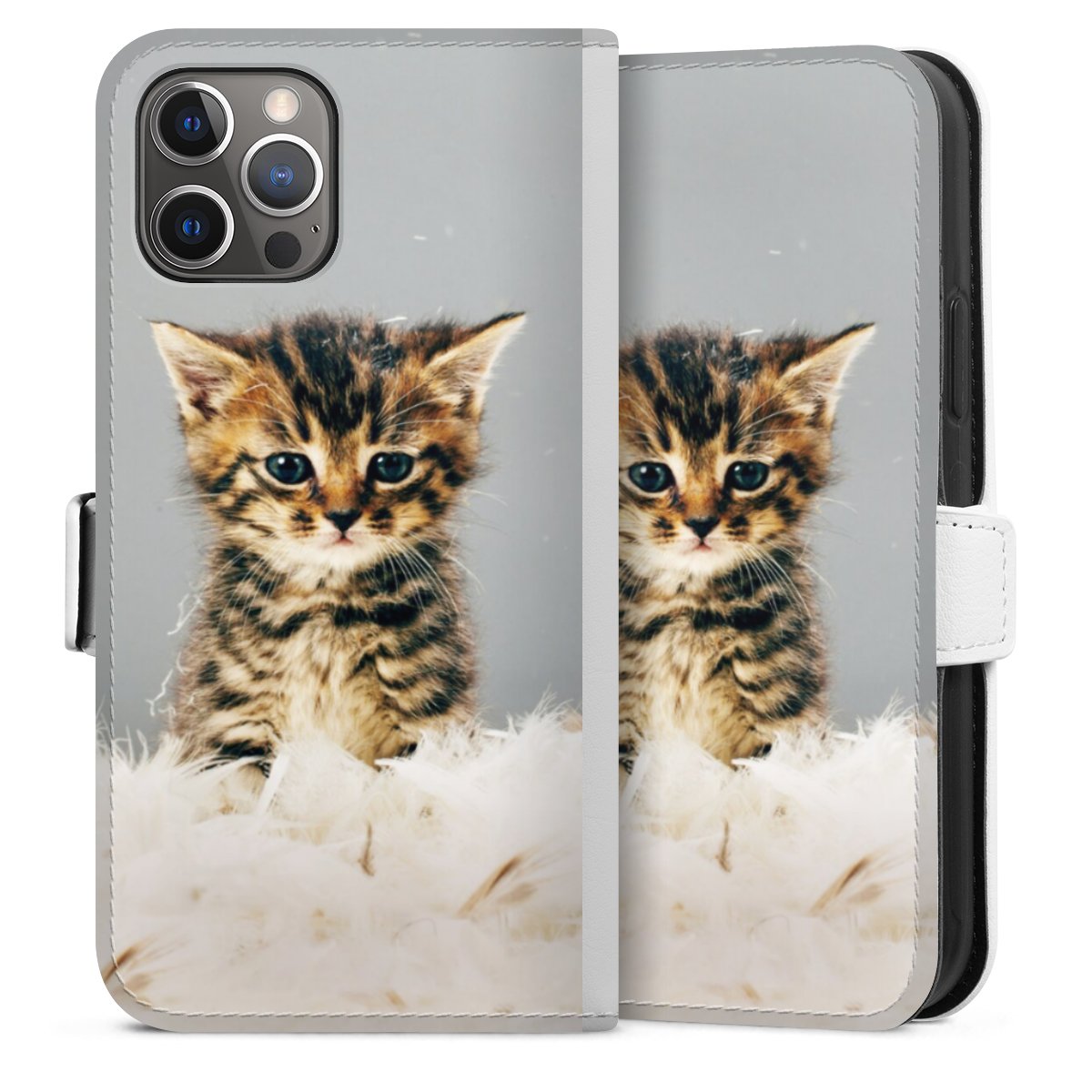 iPhone 12 Pro Handy Klapphülle Handyhülle aus Kunst Leder weiß Flip Case Cat Pet Feather Sideflip mit Lasche