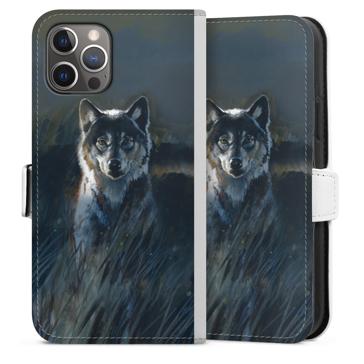 iPhone 12 Pro Handy Klapphülle Handyhülle aus Kunst Leder weiß Flip Case Painting Wolf Nature Sideflip mit Lasche