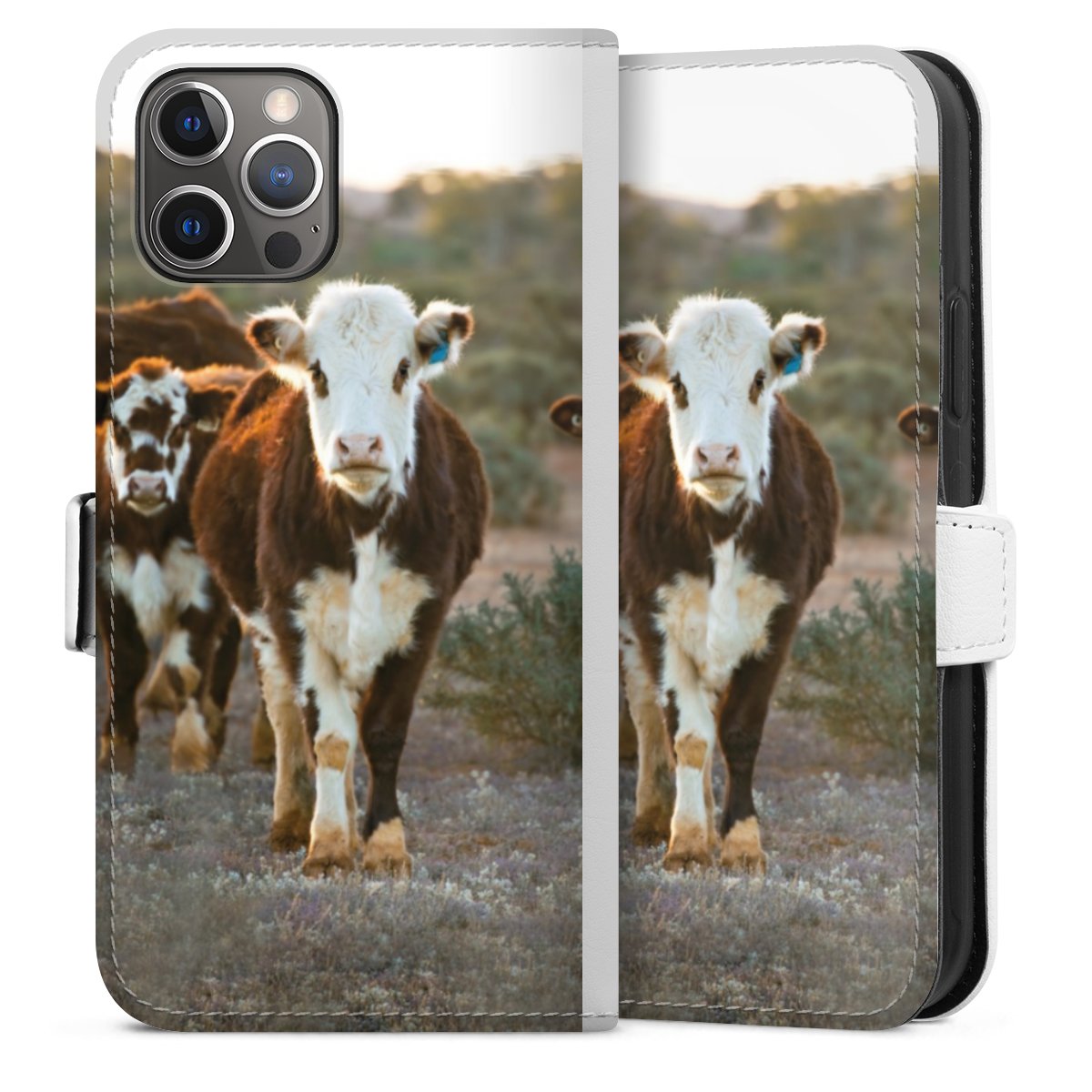 iPhone 12 Pro Handy Klapphülle Handyhülle aus Kunst Leder weiß Flip Case Farmer Cow Calf Sideflip mit Lasche