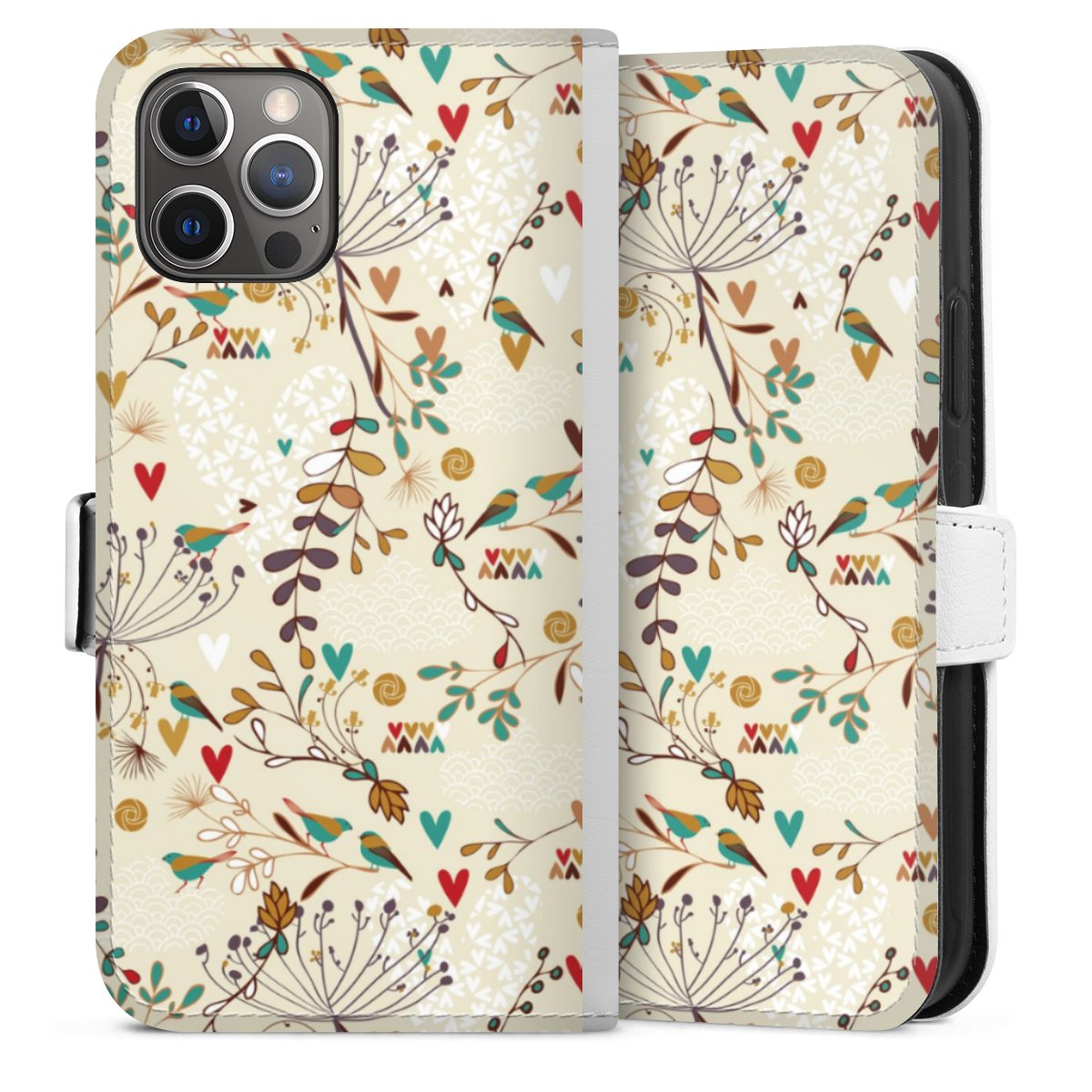 iPhone 12 Pro Handy Klapphülle Handyhülle aus Kunst Leder weiß Flip Case Flowers Bird Retro Sideflip mit Lasche