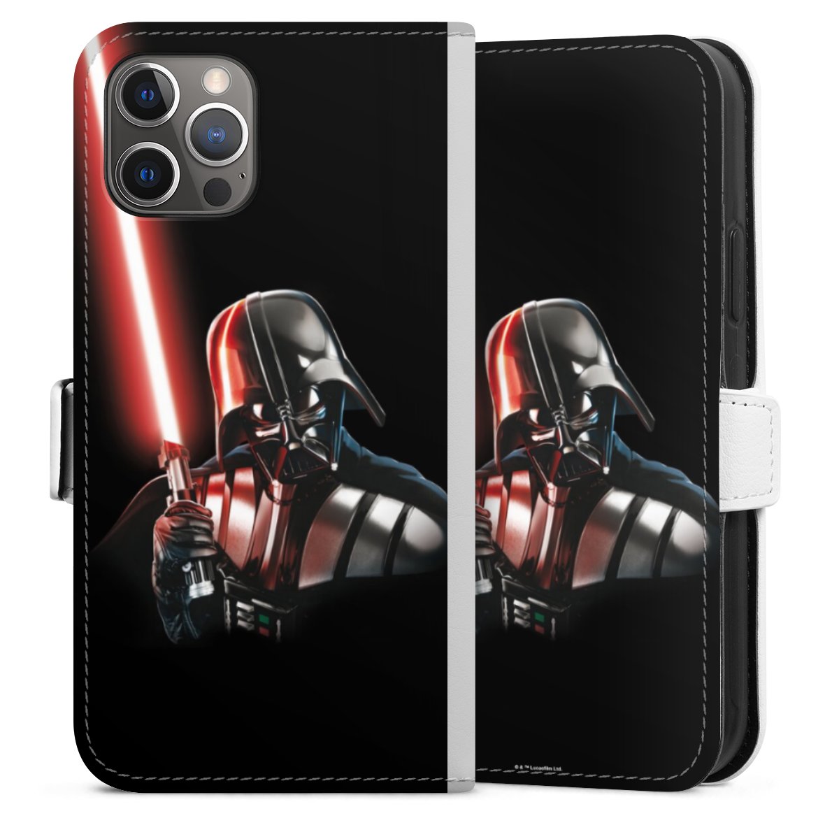 iPhone 12 Pro Handy Klapphülle Handyhülle aus Kunst Leder weiß Flip Case Darth Vader Star Wars Merchandise Sideflip mit Lasche