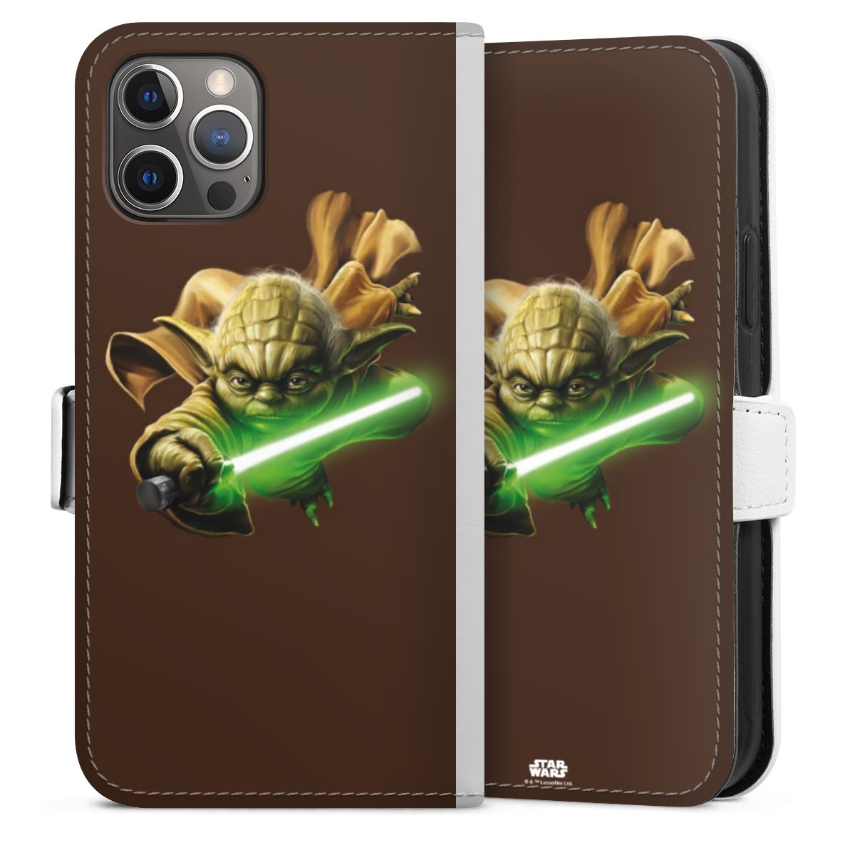 iPhone 12 Pro Handy Klapphülle Handyhülle aus Kunst Leder weiß Flip Case Star Wars Merchandise Yoda Sideflip mit Lasche