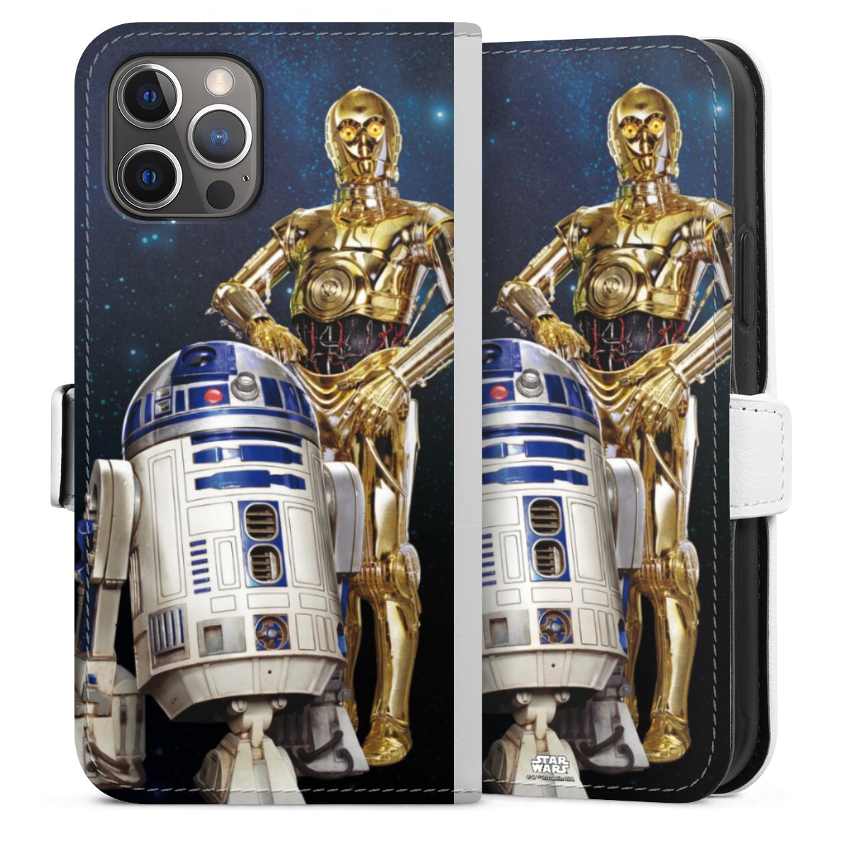 iPhone 12 Pro Handy Klapphülle Handyhülle aus Kunst Leder weiß Flip Case Weltall Star Wars R2d2 Sideflip mit Lasche