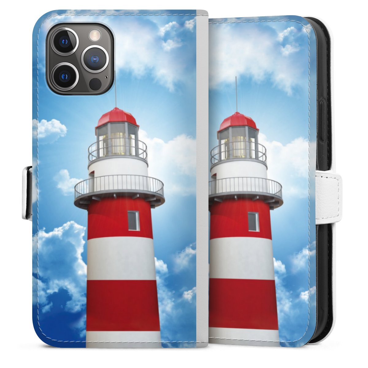 iPhone 12 Pro Handy Klapphülle Handyhülle aus Kunst Leder weiß Flip Case Cloud Lighthouse Sky Sideflip mit Lasche